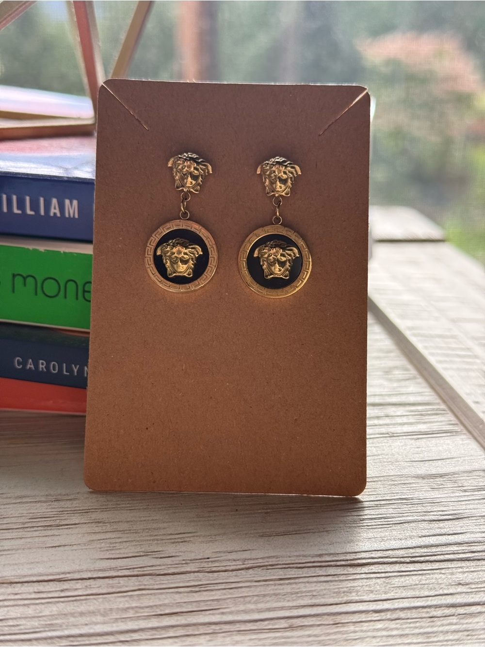 Gold and Black Medusa Drop Earrings